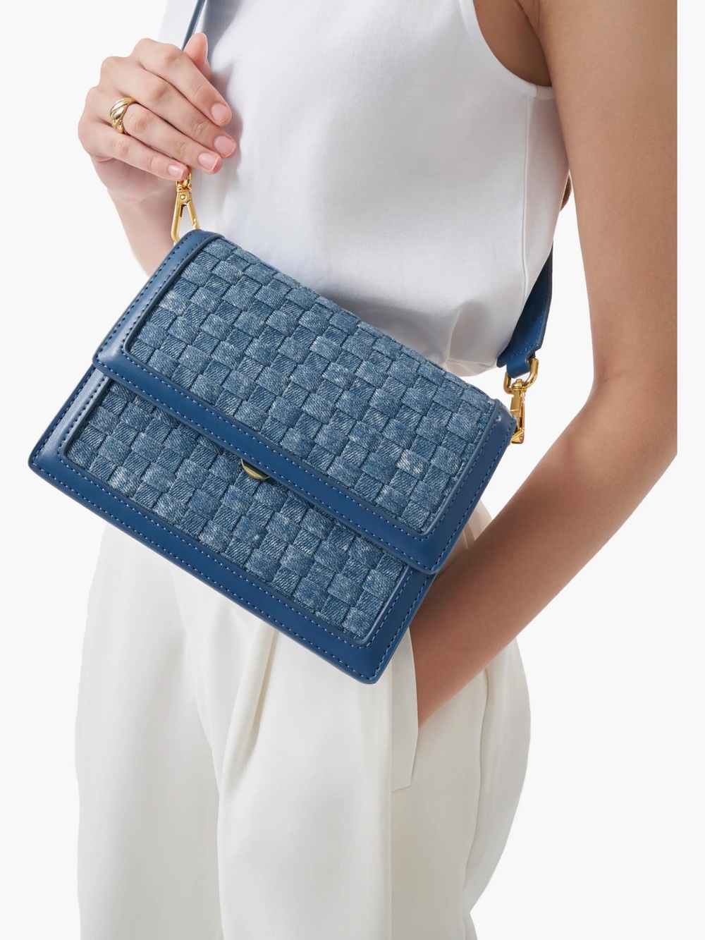 JW PEI Blue Woven Crossbody Bag with Gold Hardware